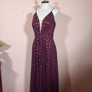 Betsy & Adam Burgundy Art deco deep V side slit Maxi Length formal Slip Dress 8